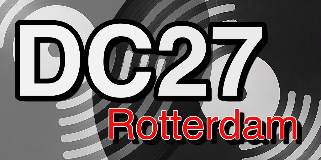 logo for DC27 Rotterdam featuring two blending vinyl records in the back
